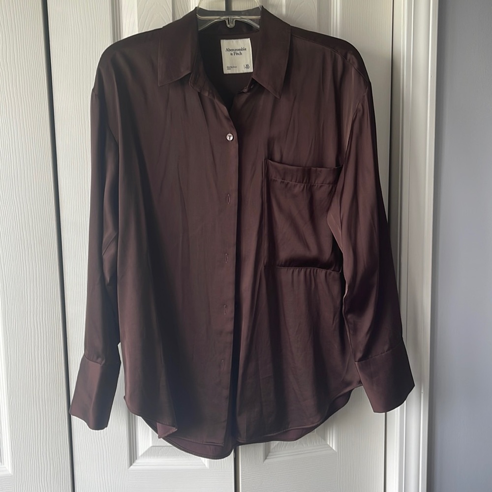 Abercrombie Long-Sleeve Oversized Satin Button-Up Shirt